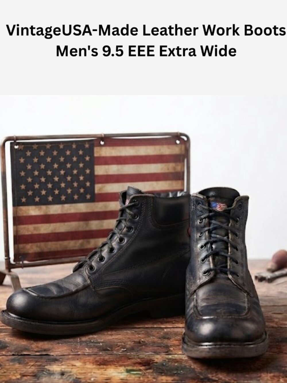 Vintage Knapp Leather Work Boots USA Oblique Toe Trucker 9.5 EEE Extra Wide Blac